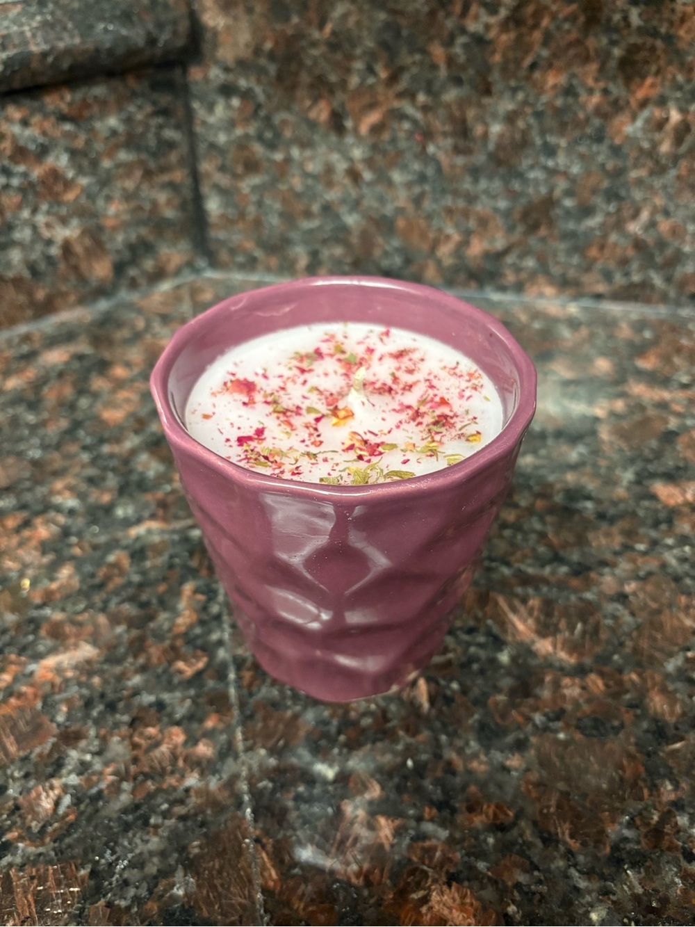 Upcycled candle made by me, Pink rose scented candle with dried rose petals